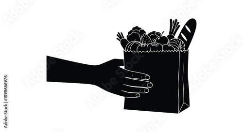 hand holding grocery bag filled with fruits vegetables silhouette high quality professional detailed modern elegant stylish clean crisp vibrant colorful digital