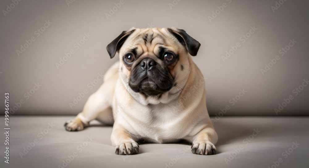 Fototapeta premium Close up portrait of a fawn pug dog lying down on a neutral grey background studio indoors looking directly at the camera
