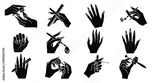 various hand gestures and nail care actions silhouette high quality professional detailed modern elegant stylish clean crisp vibrant colorful digital creative