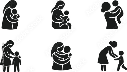 Mother and child icon set: Silhouette collection of mother hugging, holding, and playing with baby