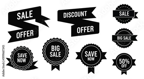 set of sale discount offer labels in black and white silhouette high quality professional detailed modern elegant stylish clean crisp vibrant