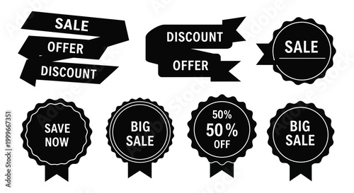 set of sale discount offer labels in black and white silhouette high quality professional detailed modern elegant stylish clean crisp vibrant