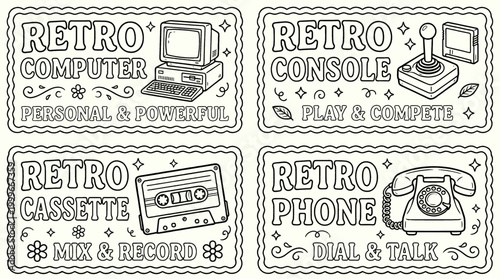 Vintage Retro Technology Sticker Set, Hand Drawn Doodle Labels Featuring Classic Computer, Game Console, Cassette Tape, and Rotary Phone, Black and White Vector Line Art
