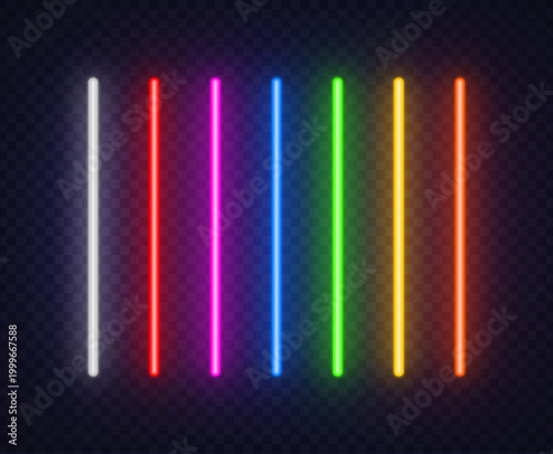 Vertical neon light tubes in multiple bright colors glow against a dark brick wall. The clean arrangement creates a modern background with a strong futuristic vibe.