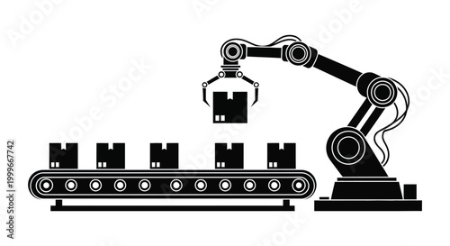 robotic arm moving boxes on conveyor belt silhouette high quality professional detailed modern elegant stylish clean crisp vibrant colorful digital creative
