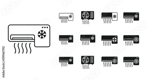 air conditioner icons set in black and white silhouette high quality professional detailed modern elegant stylish clean crisp vibrant colorful digital