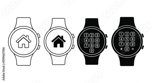 smartwatch icons with house and keypad displays silhouette high quality professional detailed modern elegant stylish clean crisp vibrant colorful digital creative