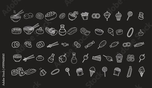 A collection of white line drawings of various food and drink items on a black background
