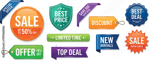promotional stickers and discount tags set with sale labels and offer ribbons for online shopping stores, isolated on transparent background