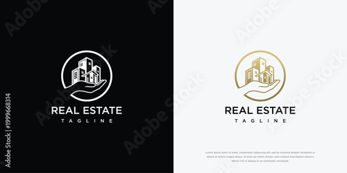 Real Estate Logo Design with Hand and Buildings