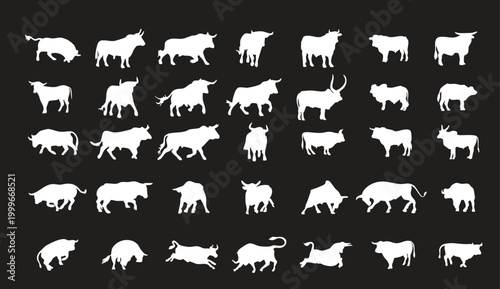 A collection of white animal silhouettes against a solid black background