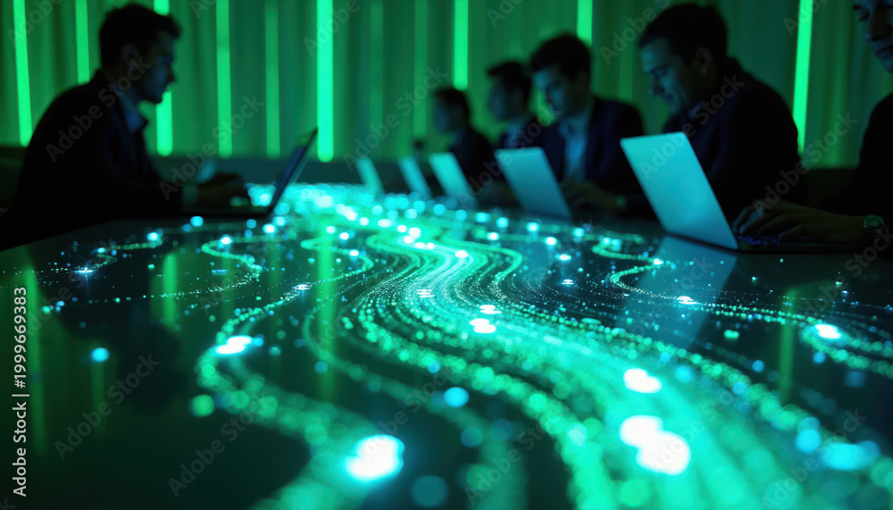 Fototapeta premium Men work on laptops around a table with a glowing data stream. People use tech for business analysis and digital information flow in a modern office meeting.