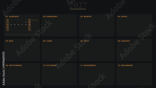 2027 annual calendar planner, dark minimalist dashboard layout, monthly organizer template, sleek black orange aesthetic, yearly schedule overview, business productivity tool, modern wall calendar.