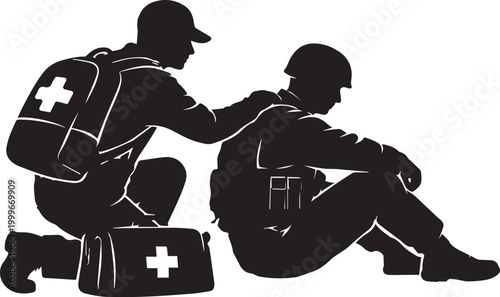 injured soldier receiving medical aid black silhouette flat design vector illustration