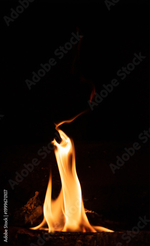 Fire flame on a dark background. Yellow tongues of fire in the fireplace. Flames concept.