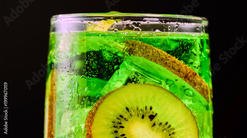 Refreshing green kiwi cocktail with ice cubes and fresh fruit slices in a chilled glass