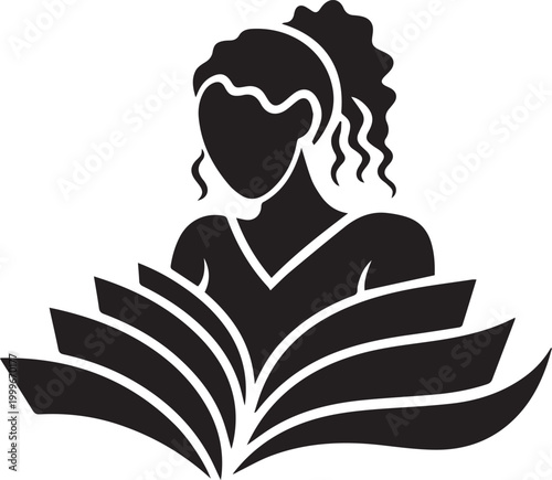 Black silhouette of a woman reading an open book isolated on white background