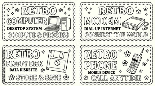 Canvas Print Vintage Technology Line Art Illustration Set featuring Retro Computer, Modem, Fl