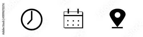 Banner Time, date and address icon. Clock, calendar and location elements for scheduling vector illustration. Useful date and address details for navigation symbol vector graphic design