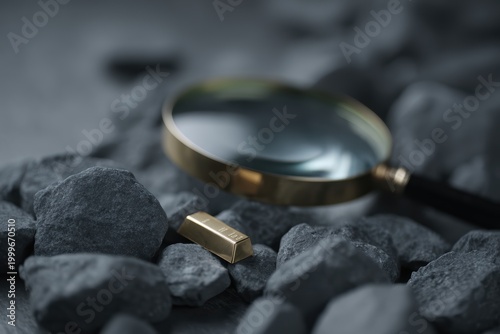 Realistic shot of a magnifying glass enlarging a tiny gold bar on a pile of grey stones, finding value