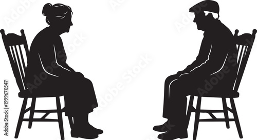 elderly couple sitting back to back in minimalist black silhouette vector illustration