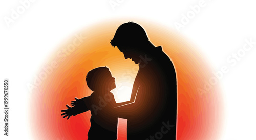 Loving father silhouette embracing his young happy son during a beautiful warm golden sunset light