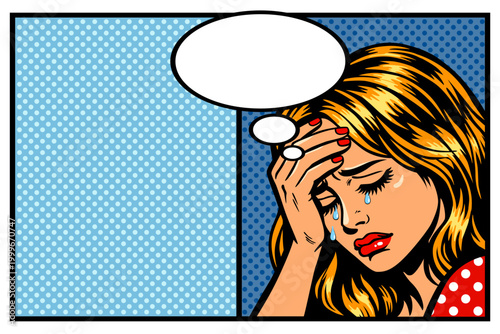 woman crying. girl with tears in eyes human emotions. pop art style vintage advertising. vector illustration.
