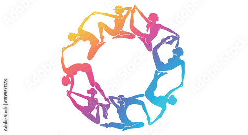 Group of diverse women performing synchronized yoga poses in a colorful circular formation