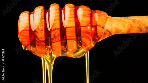 Golden organic honey dripping from a wooden dipper, isolated on black. Premium macro