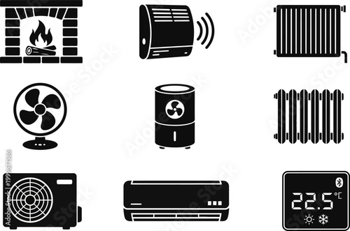 Heating and cooling system glyph icons, smart thermostat and ventilation equipment symbols for interior comfort.