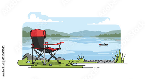 A portable red and black folding chair rests on a green riverbank near a small kayak floating on a calm river between rolling mountains.