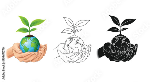 Human hands gently cradling a small planet earth with a green plant sprouting from it.