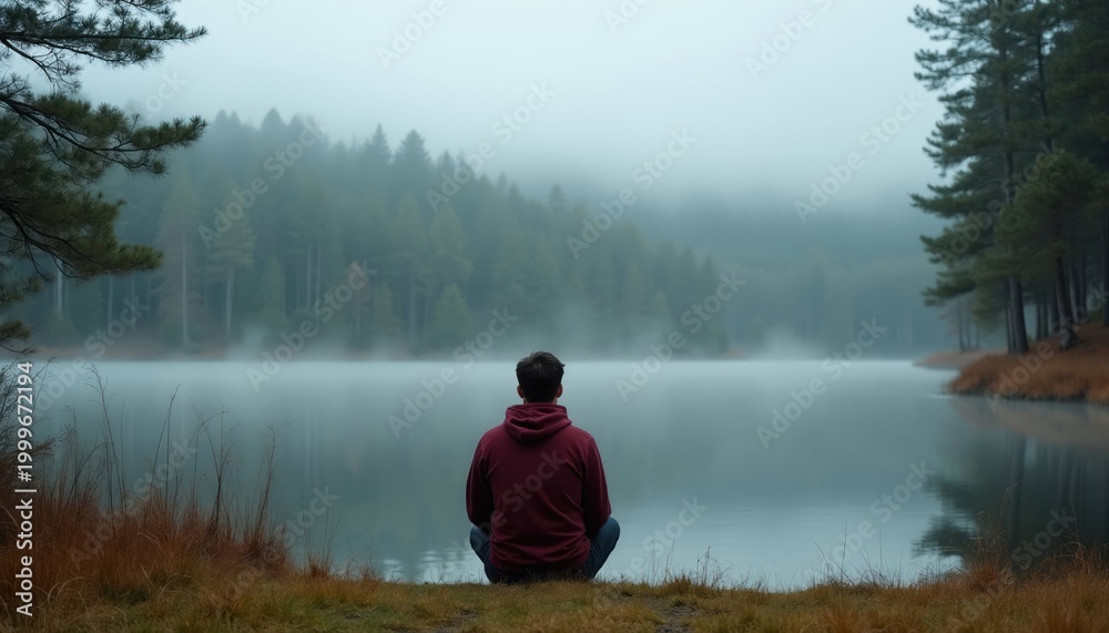 Naklejka premium Man sits by lake watching misty forest. Serene autumn scene with calm water and tall trees. Quiet, peaceful mood on fall morning. Outdoor solitude reflects introspection.