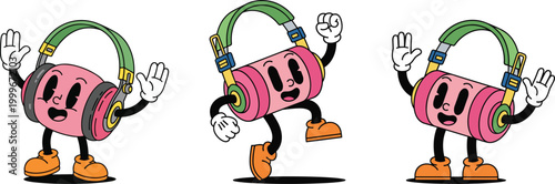 Set of three retro rubber hose animation style cartoon battery characters wearing colorful headphones dancing and waving happily on white background