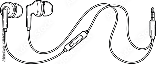 Vector line art illustration of wired in ear headphones with a built in microphone and 3.5mm jack connector plug on white background