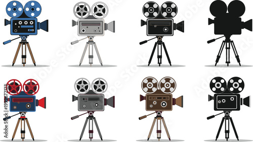 Set of vintage cinema camera icons with film reels and tripods in various colors and silhouette styles for movie production industry and retro cinematography design