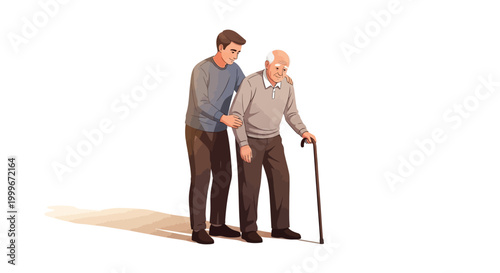 Caring young man helping an elderly senior citizen walk carefully while using a wooden walking cane