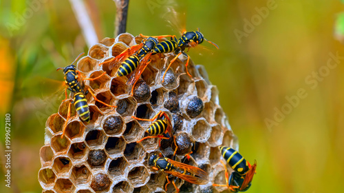 wasps on a honeycomb nest in nature