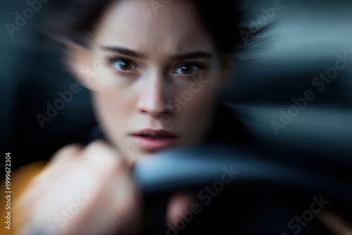 Realistic photography of a terrified young female driver with a scared expression, gripping the steering wheel, inexperienced driver concept, blurred road background