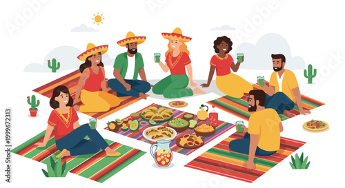 Diverse group of friends having a picnic in a desert landscape with traditional food and drinks