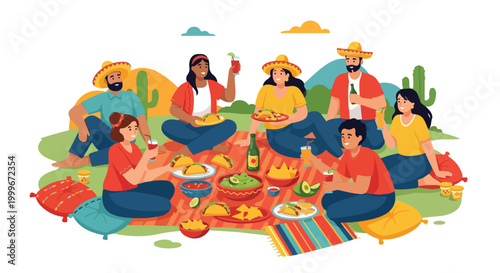 Diverse group of friends having a picnic in a park with food and drinks on a blanket