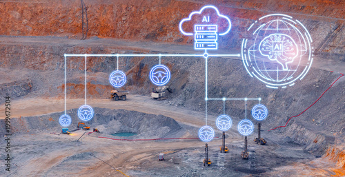 Fotografía Quarry excavation site with ai cloud server and distributed neural network overl