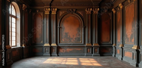 Ornate room interior features dark wood paneling with gold accents and a large arched wall recess. Sunlight streams through a tall window, casting floor shadows. Rich, antique decor.