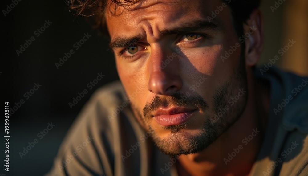Fototapeta premium Man with thoughtful gaze looks aside. Brow furrowed, hinting at deep thought worry. Warm sunset light illuminates face, creating dramatic shadows. Close-up portrait captures intense emotion.