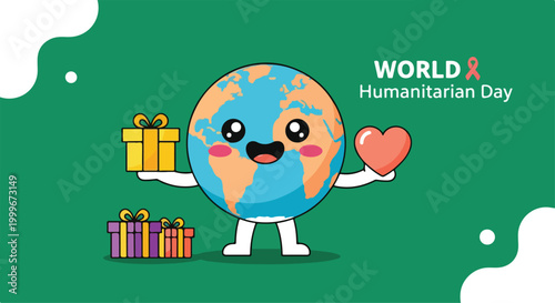 Cartoon globe character celebrating World Humanitarian Day with gifts and heart