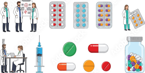 Medical professionals and medicines vector set featuring doctors, pills, syringe and pharmaceutical products, healthcare illustration collection