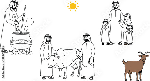Traditional Middle Eastern lifestyle and Eid sacrifice vector set featuring family, cooking, cow and goat, cultural line art illustration collection