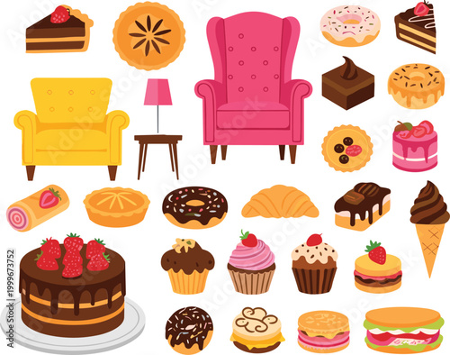 Desserts and cozy furniture vector set featuring cakes, donuts, cupcakes and armchairs, sweet bakery and home interior illustration collection