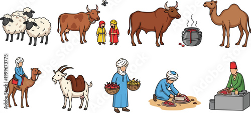 Middle Eastern livestock and traditional life vector set featuring camels, sheep, cows and market scenes, cultural illustration collection of rural and nomadic lifestyle