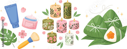 Spa cosmetics and scented candles vector set featuring skincare products, floral candles and natural elements, relaxing wellness illustration collection